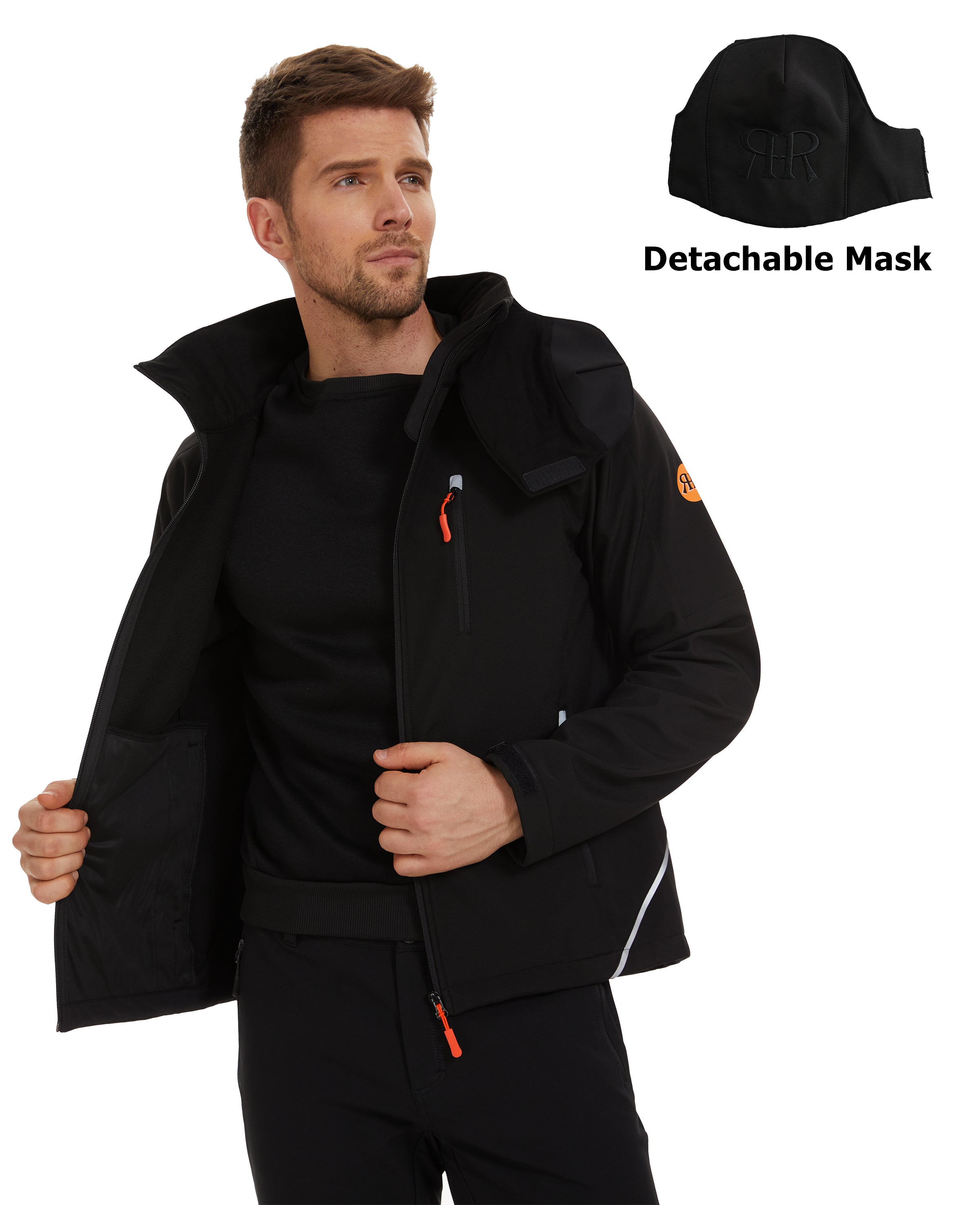 Men's Winter Jacket Softshell Fleece Lined 5 Pockets Reflective - Black