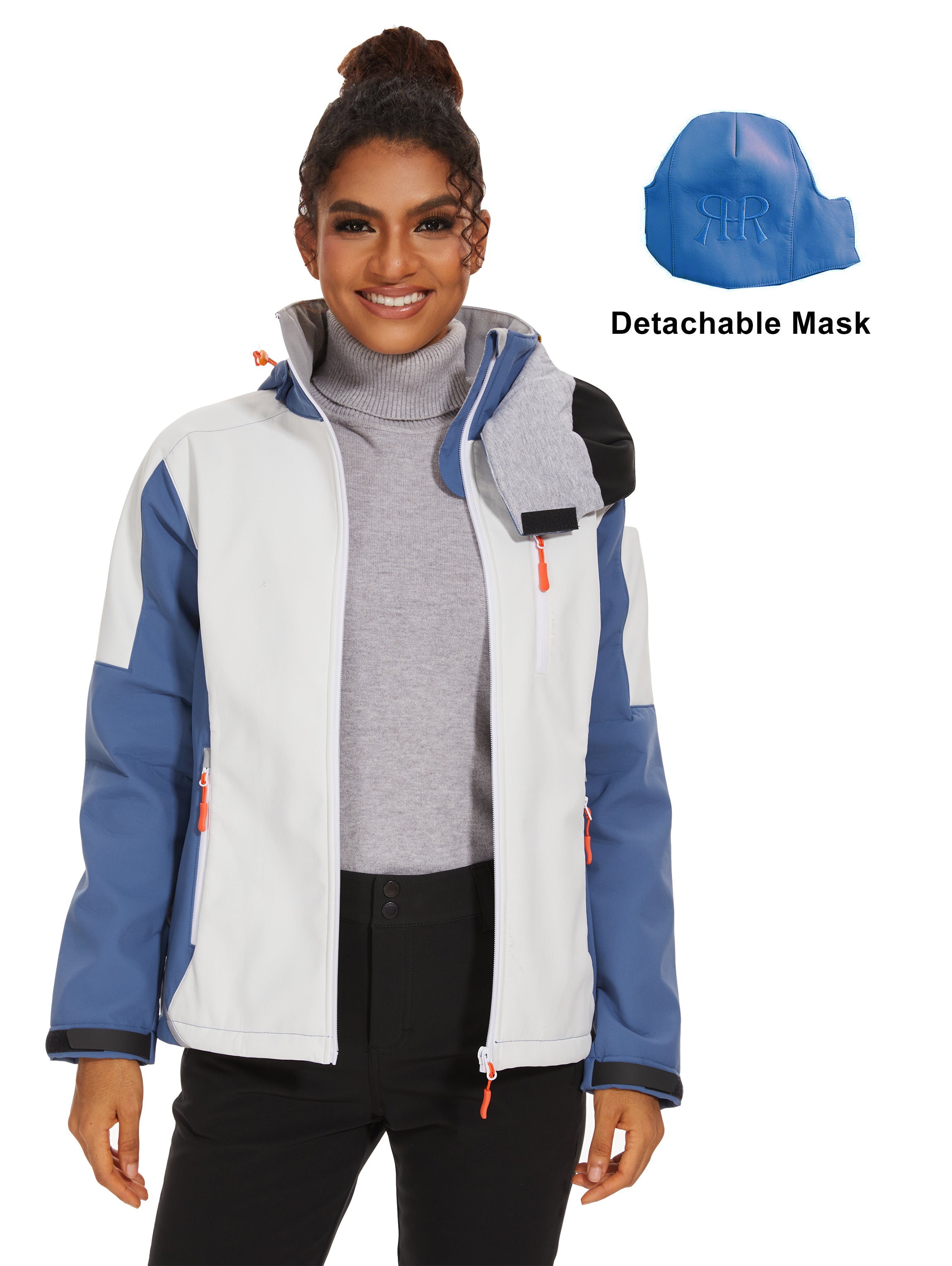 Women’s Hiking Jacket  Softshell Fleece Lined Midlayer- White Blue