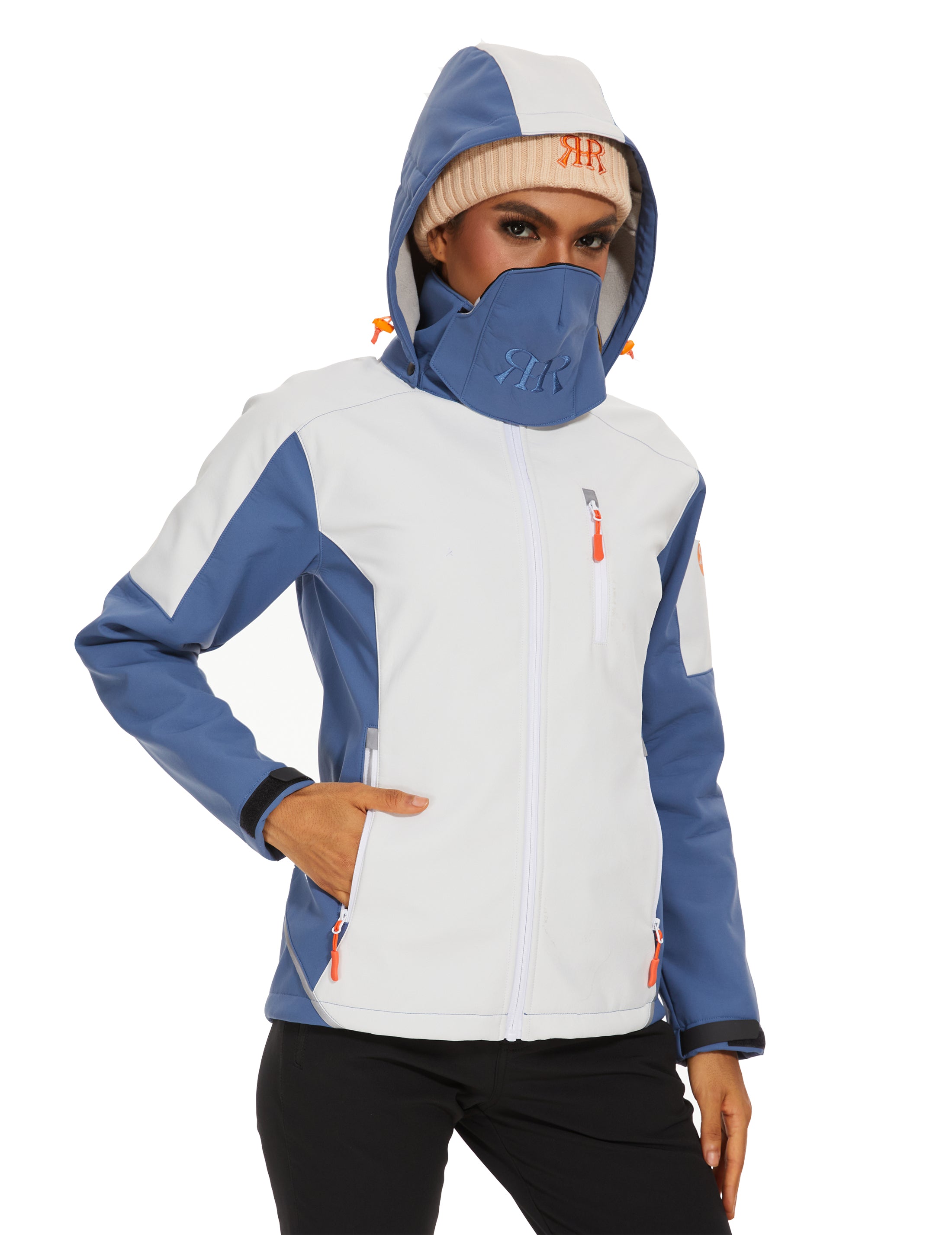 Women’s Hiking Jacket  Softshell Fleece Lined Midlayer- White Blue