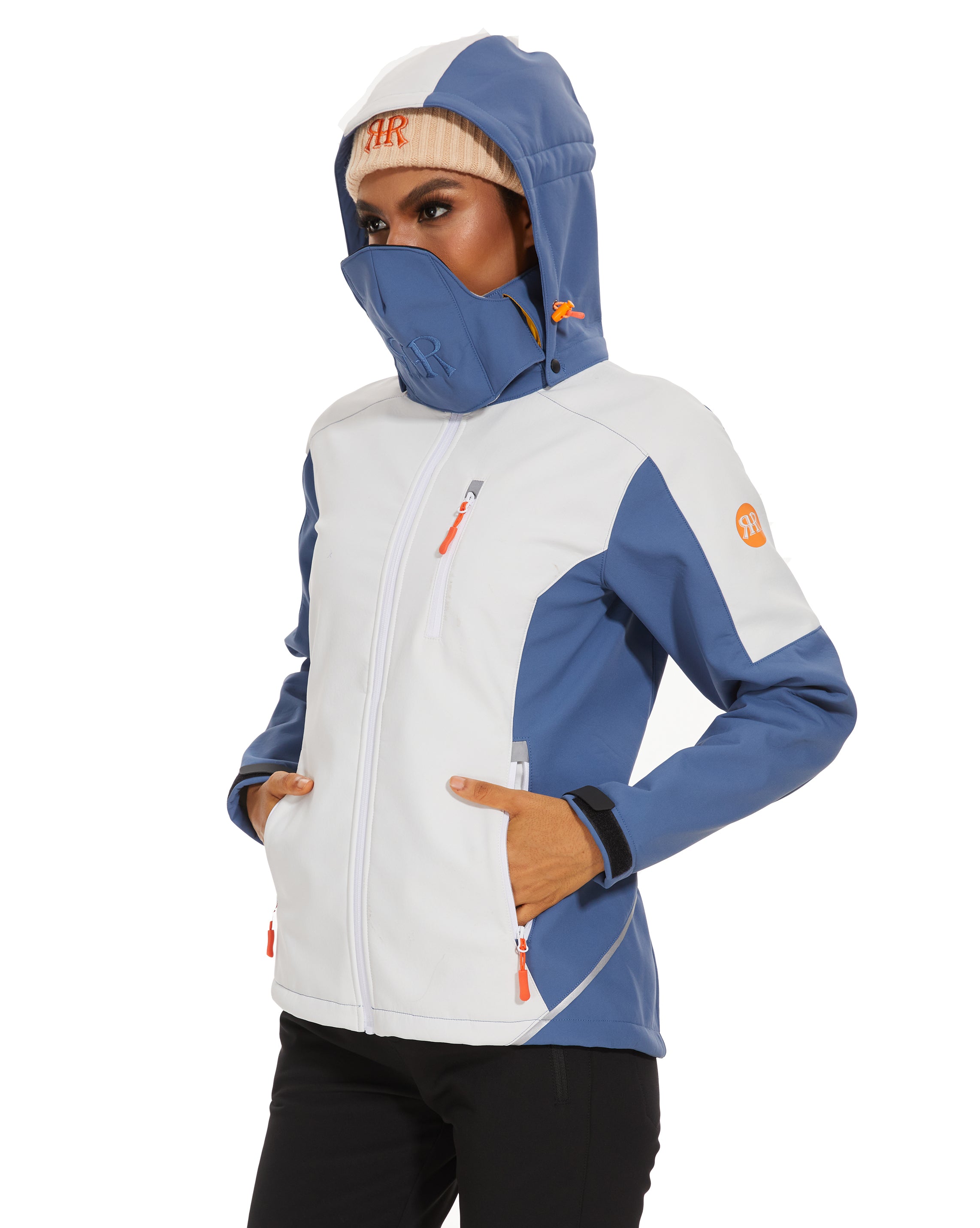 Women’s Hiking Jacket  Softshell Fleece Lined Midlayer- White Blue