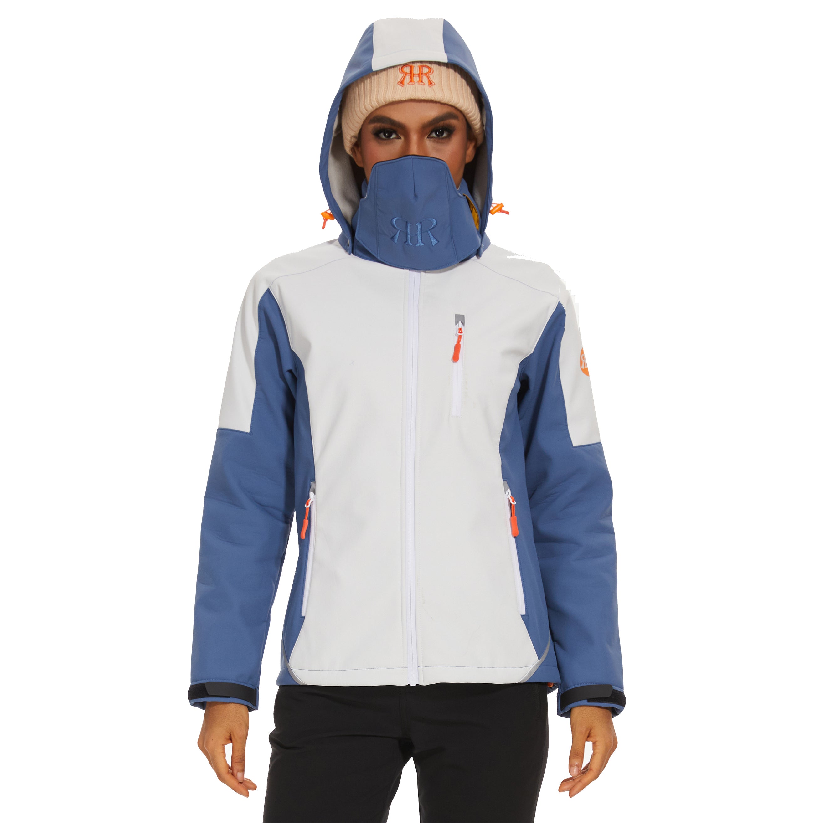 Women’s Hiking Jacket  Softshell Fleece Lined Midlayer- White Blue