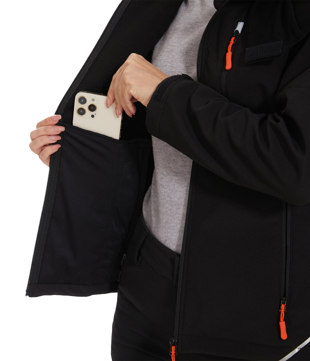 Women’s Softshell Jacket Fleece Lined 5 Pockets Reflective - Black