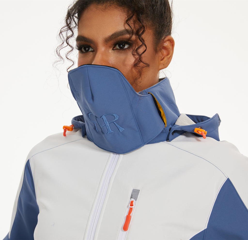 Women’s Hiking Jacket  Softshell Fleece Lined Midlayer- White Blue