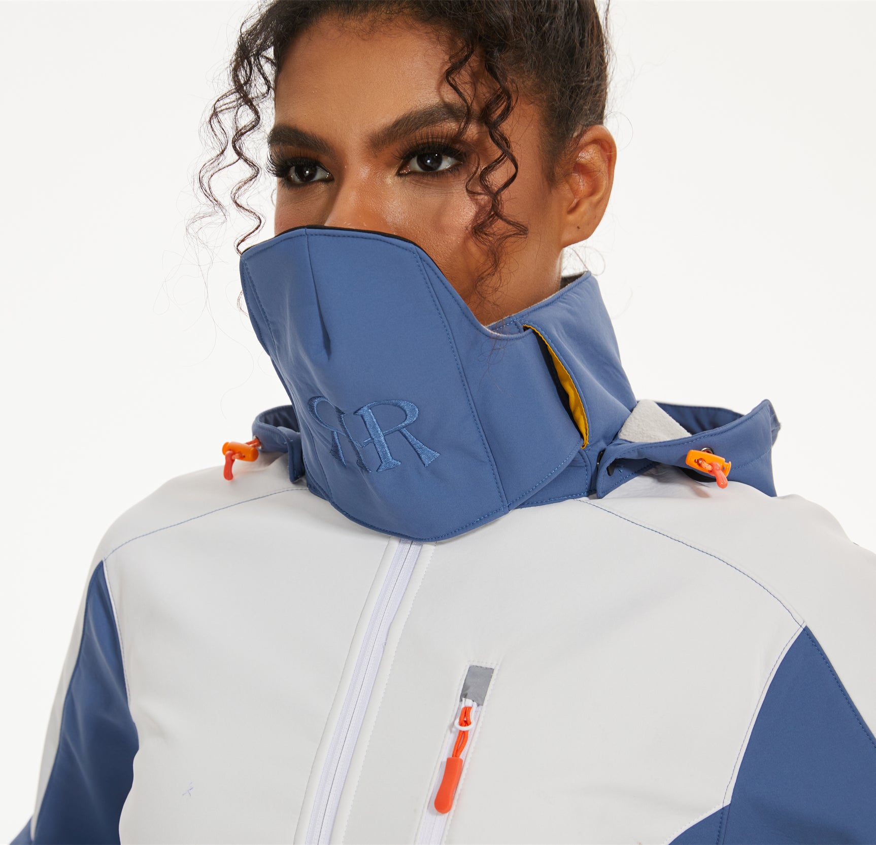 Women’s Hiking Jacket  Softshell Fleece Lined Midlayer- White Blue