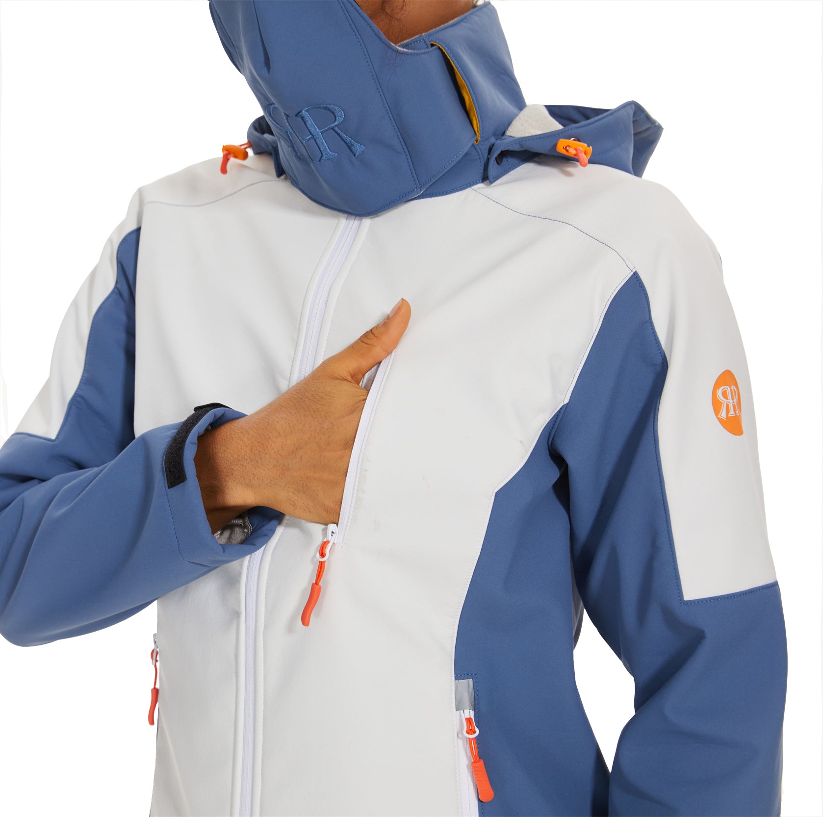 Women’s Hiking Jacket  Softshell Fleece Lined Midlayer- White Blue